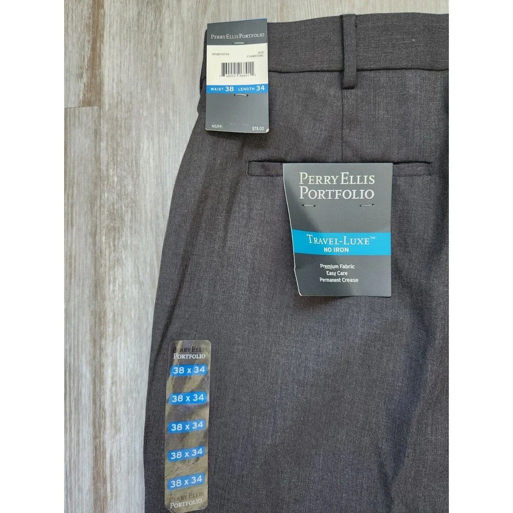NWT Perry Ellis Portfolio Travel Luxe Dress Pants Charcoal No Iron 38x34 Mens